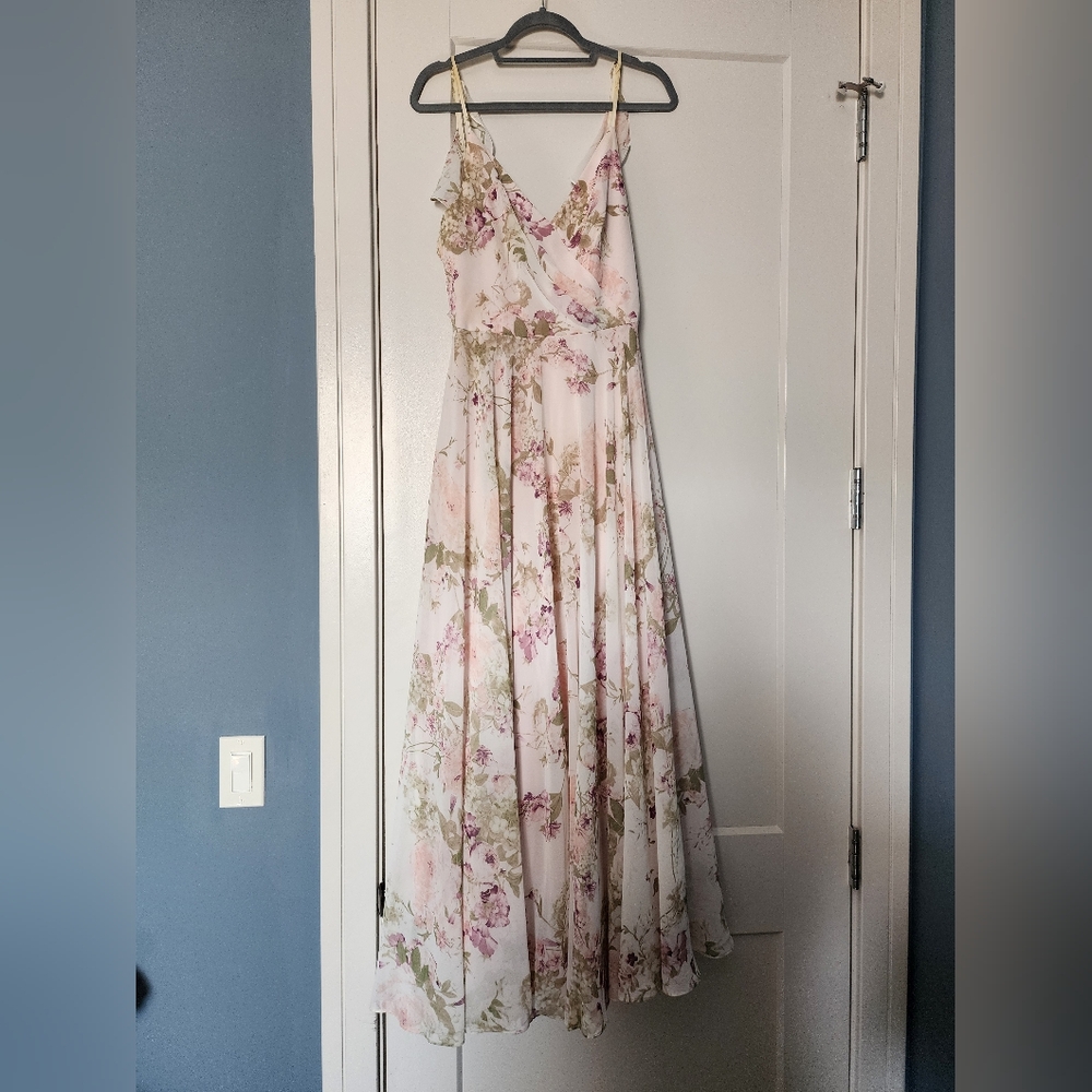 Dessy bridesmaids dress in blush garden